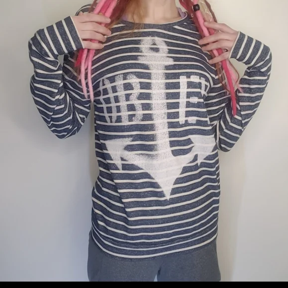 Obey Top Womens Long Sleeve Shirt Striped Blue Anchor Medium Spray Paint  NEW - Picture 8 of 10